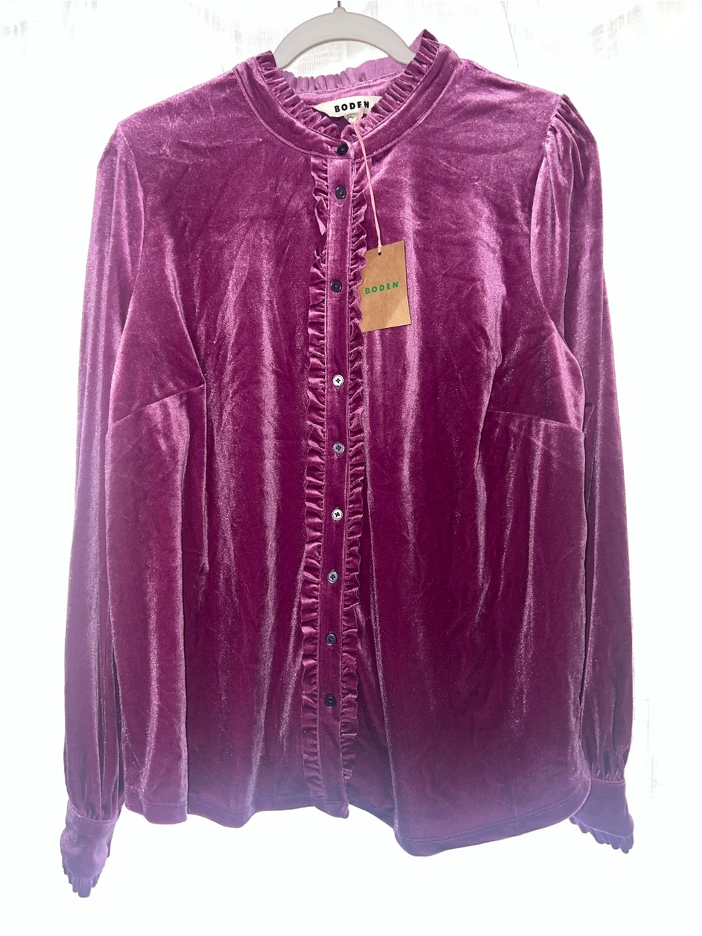 NWT Boden Magenta Velvet Ruffle Trim button down blouse shirt size 16-18